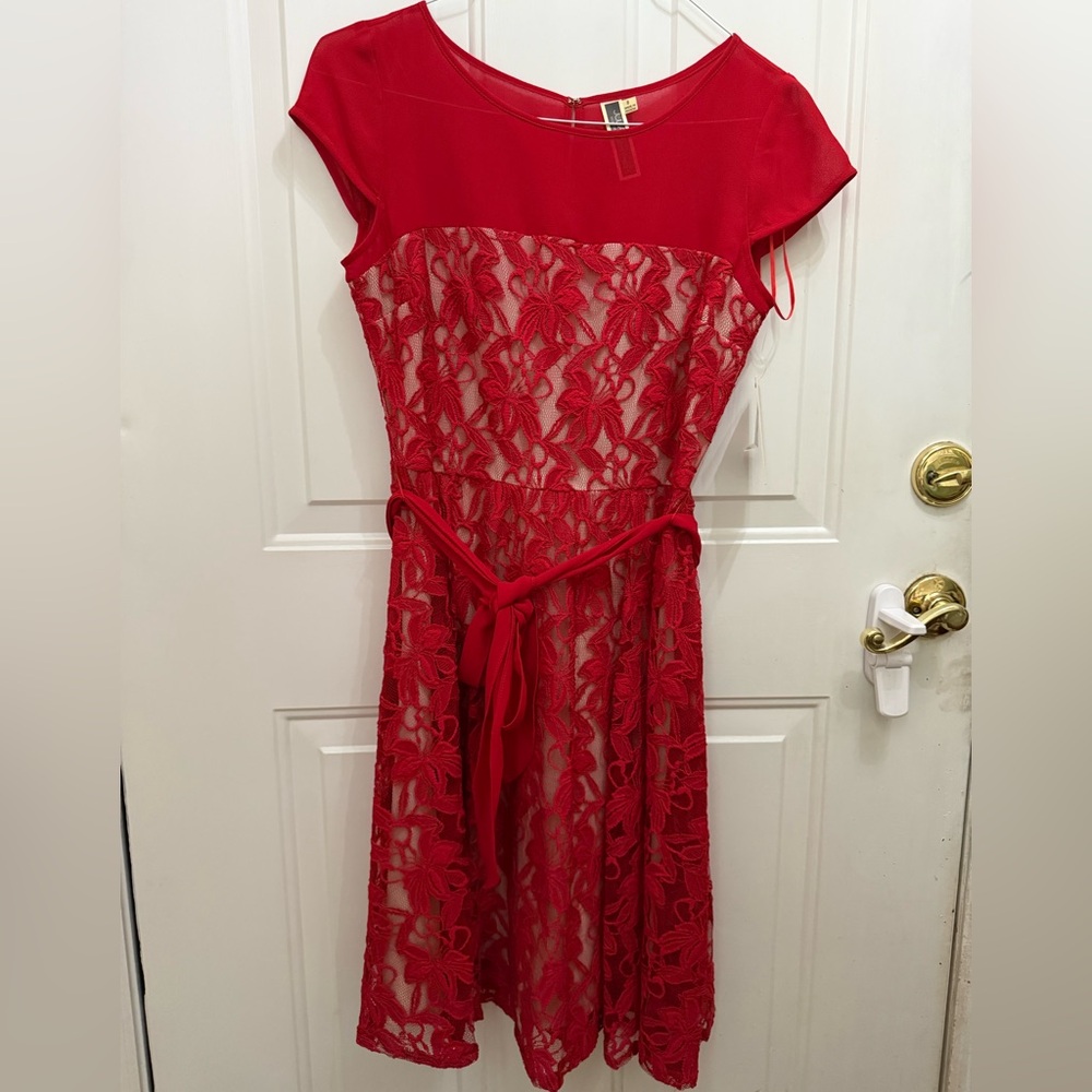 Julian Taylor Red Floral Lace Midi Dress
